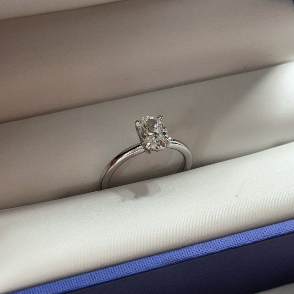 1 carat oval shaped lab created diamond ring in 18k white gold, size 6.5